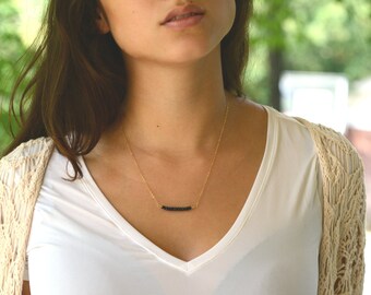 Black Tourmaline Necklace // 14k Gold Filled Chain // Wire Wrapped Jewelry Handmade / Beaded Necklace / Black Stone Bar Necklace / Geometric