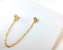 Cartilage Chain Earring, 18k Gold Cubic Zirconia - Gold Chain earring- Stud Chain Earrings, Ear Cuff with chain, Ear cuff, Cuff earrings