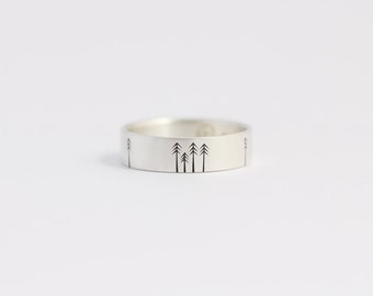 Unique Wedding Band Wedding Ring Engagement Ring with Pine Trees Recycled Silver Woodland Wedding 6mm Wide