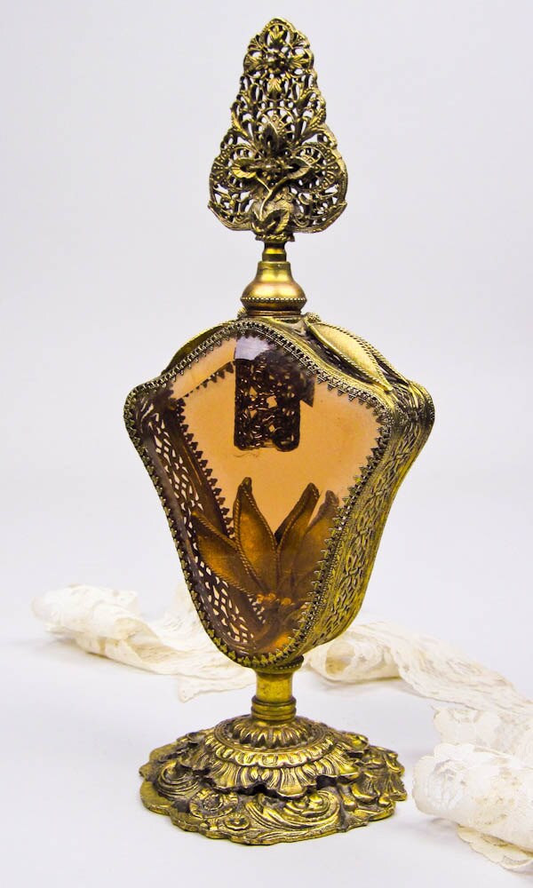 Perfume Bottle Amber Beveled Glass Vintage 40s Ornate Ormolu