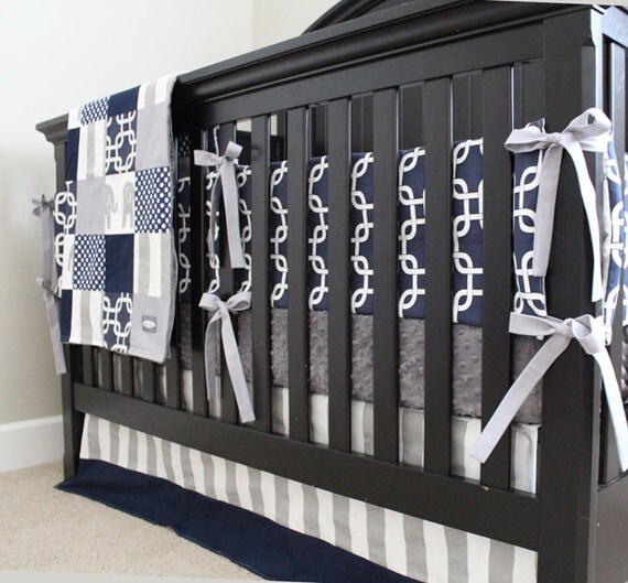 Custom Crib Bedding Navy Blue and Grey Elephant Baby Bedding