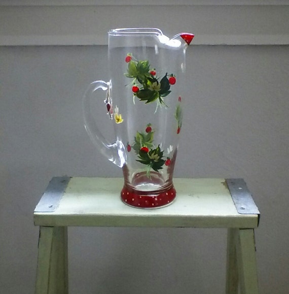 Vintage Strawberry Glass Pitcher Handpainted Glass Jug