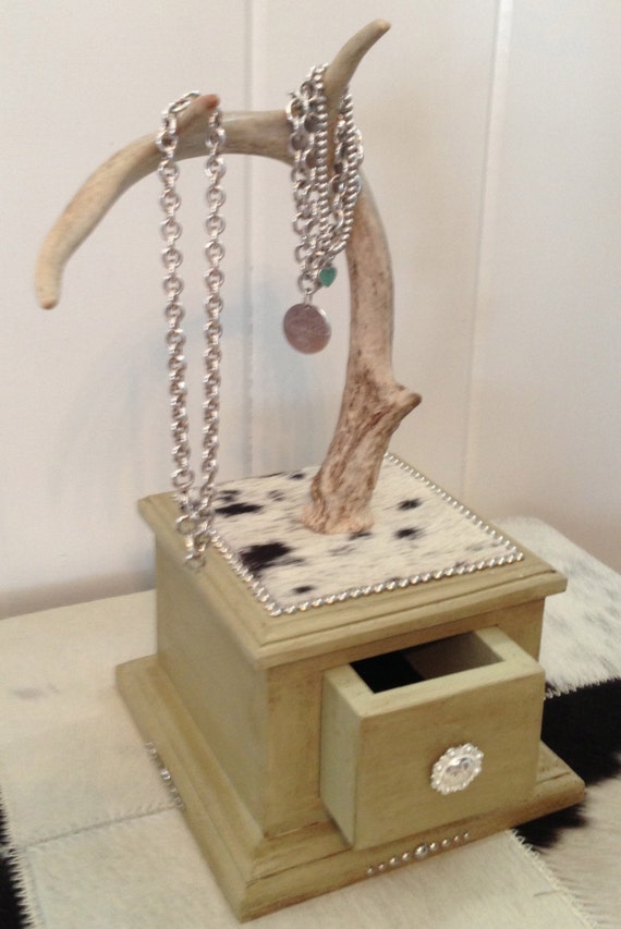 Items similar to Deer antler jewelry holder cowhide & western hardware