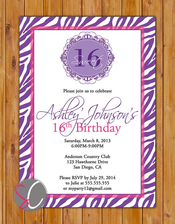 Items similar to Sweet 16 Zebra Print Invitation Purple Pink Milestone ...