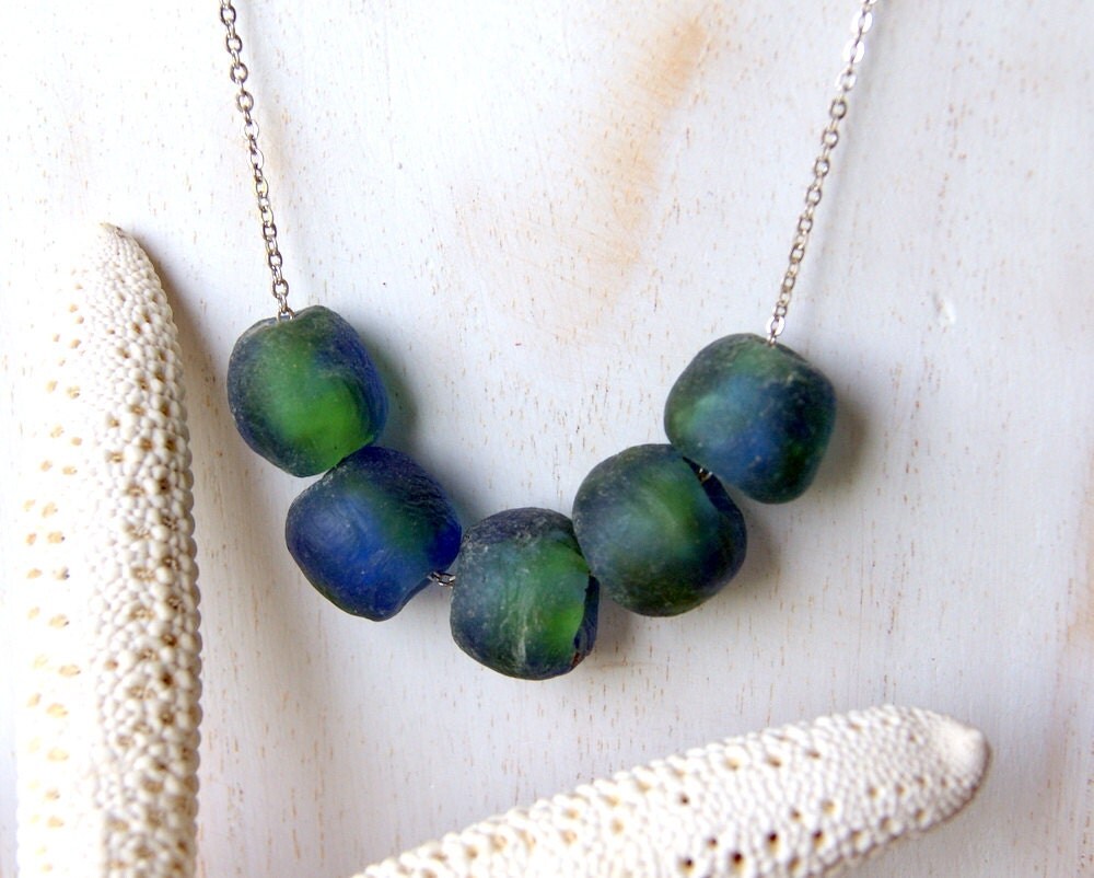 Blue And Green Recycled Glass Bead Necklace Glass Bead 