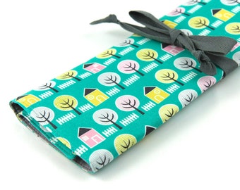 Large Knitting Needle Case - House and Garden - 30 gray pockets for circular, straight, dpn, or paint brushes