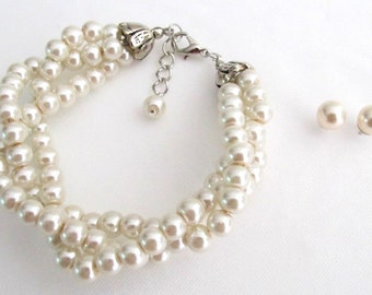 Ivory Pearl Glass Pearl Twisted Pearl Bracelet,Twisted bracelet Ivory Pearl Bracelet Bridal Bridesmaid Wedding Jewelry Free Shipping In USA