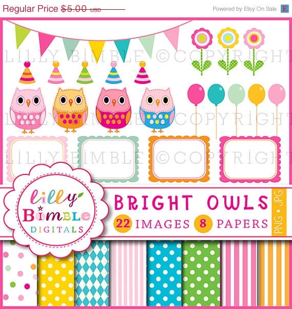 50% off Birthday Owl clipart and digital papers balloons, owls, polka dots, flowers, frames, DIGITAL DOWNLOAD Il_570xn