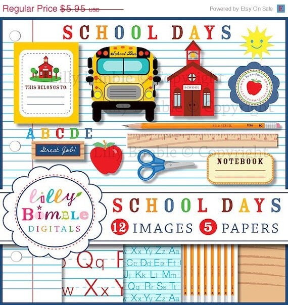 50% off Back to School clipart education, scissors, apple, pencil, ruler, digital papers INSTANT DOWNLOAD School Days Il_570xn