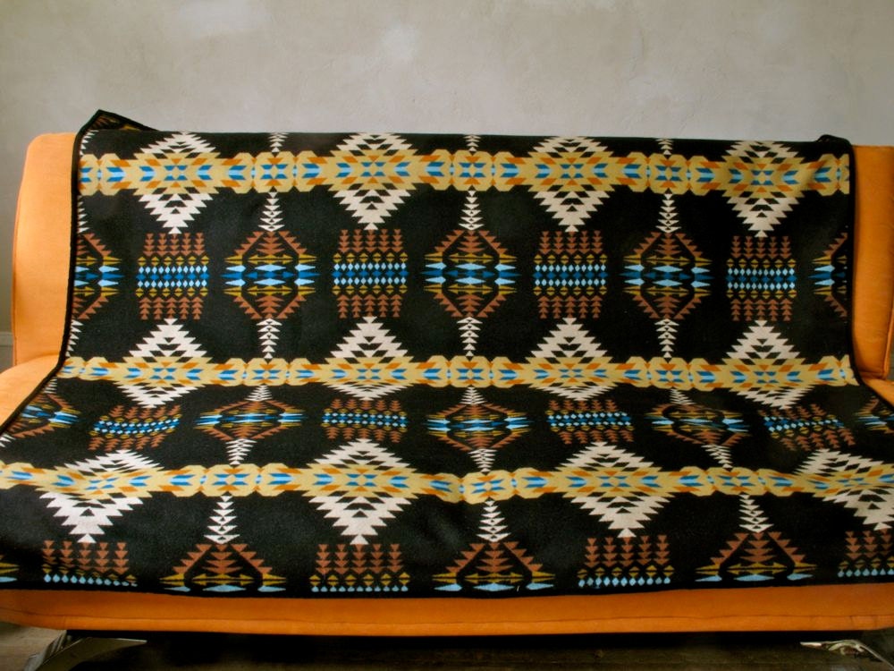 Wool Throw Blanket Large Size in Gold Black Turquoise Ranch