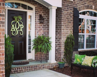 Custom MONOGRAM door hanger / BURLAP bow/ House warming gift/Block and Script/ 24 inch/ chevron/Initial/wooden/wedding gift/front door decor