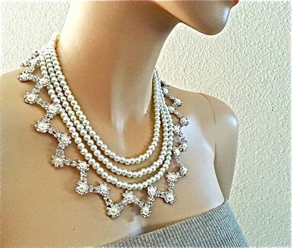 Art Deco Bridal Necklace Pearl Rhinestone by SukranKirtisJewelry