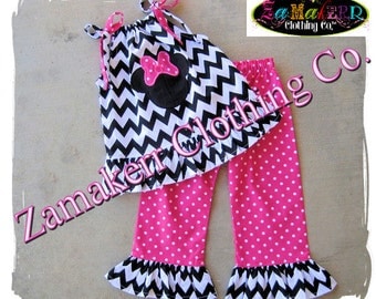 Girl Minnie Mouse Clothing Black Chevron Outfit Pant Set Halter Capri Short Birthday Baby Gift Size 6 9 12 18 24 month 2T 3T 4T 5T 6 7 8