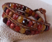 Wrapped Leather and Bead Bracelet, Czech Glass, Double Wrap, Autumn Colors