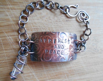 Quartz Point Happiness and Peace Bracelet Stamped Nature Embossed Copper Sheet Oxidized Copper Wire Wrapped Bracelet Jewelry Handmade