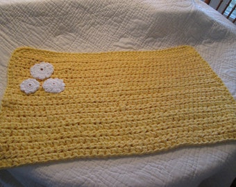 Crocheted Bath Mat Triple Cotton Yarn Sunshine Yellow with White Crocheted Flowers