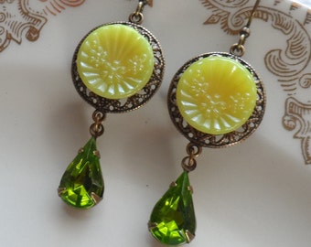 Vintage Glass Button Earrings- Lemongrass