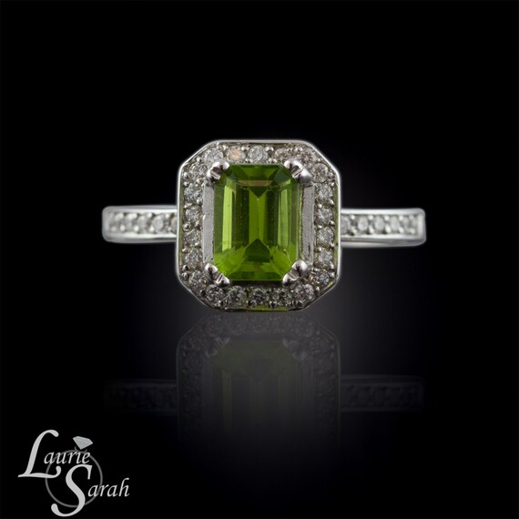 Emerald Cut Peridot Ring with Octagon Diamond Halo LS1536