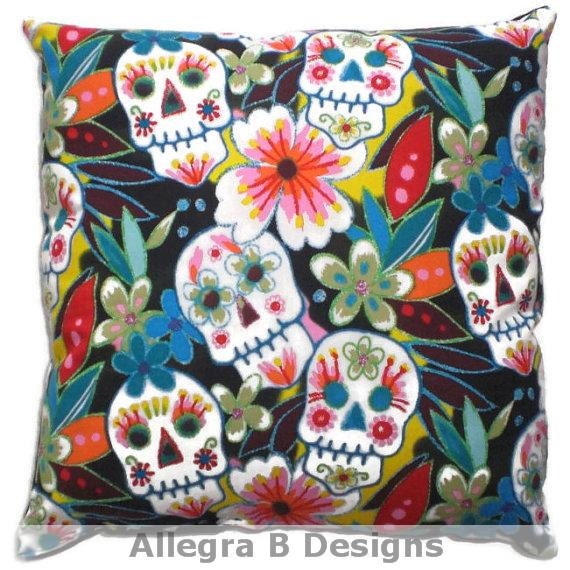 Day of the Dead Throw Pillow Sugar Skulls Cushion by AllegraB