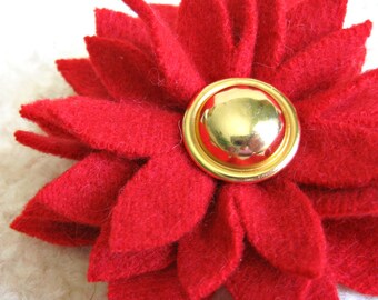 Flame Red Dahlia Flower Brooch - Eco Friendly Recycled Sweater Wool Pin