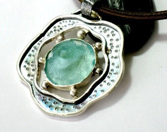 Ancient Roman Glass Pendant, Silver Roman Glass Necklace, Hammered Sterling Pendant, Statement Silver Necklace, Handmade,2000 year old glass