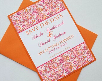 Pink and Orange Tropical Damask Destination Wedding Save the Date