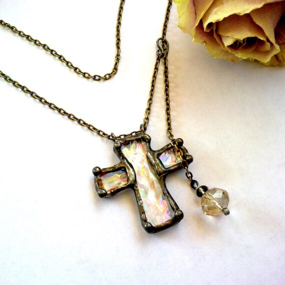 Items similar to Antiqued Cross Necklace Stained Glass Religious