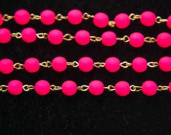 Neon Pink Czech Glass Bead Chain Raw Brass Links 6mm chn162