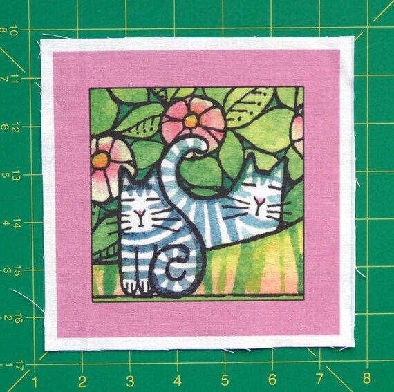 Items similar to Garden Kittens Quilt Block/ Tabby Cat Art Fabric