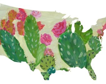 Cactus And Roses America United States Map Art Print ~