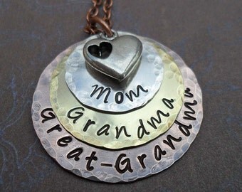 Mom Grandma Great-Grandma Necklace with Heart Mothers Day Hand Stamped Necklace- S205