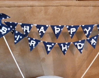 Cake Topper HAPPY BIRTHDAY - Unique Blue White Polka Dots Pinwheel Flags Banner