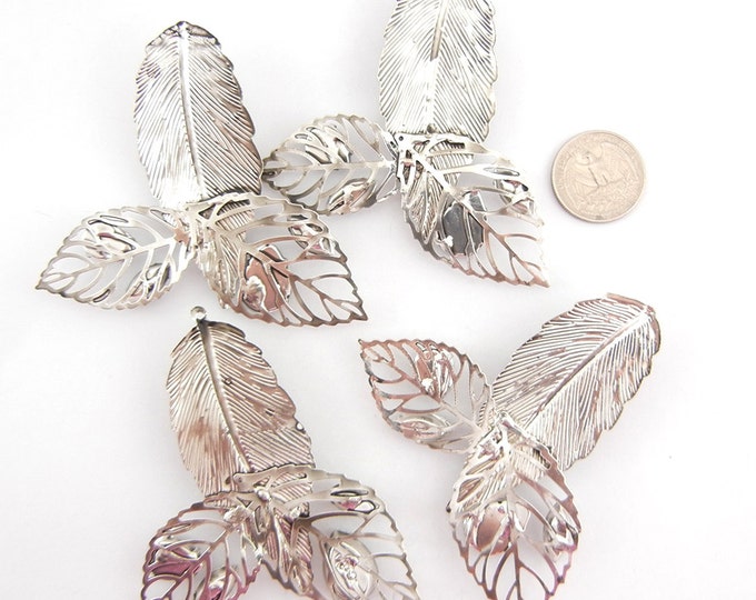 Set of 3 Silver-tone Leaves Pendant Parts