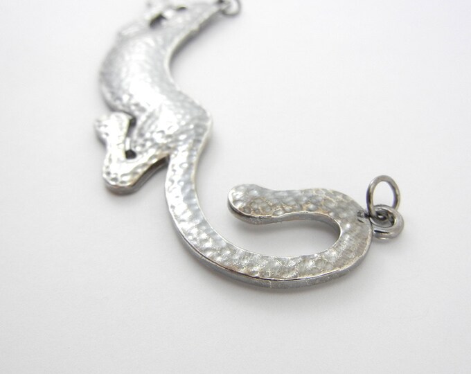 Hematite or Dark Silver-tone Leopard Panther Double Link Pendant Hammered Texture