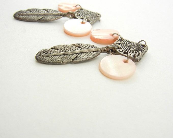 Pair of Antique Silver-tone Feather and Pink Shell Charms