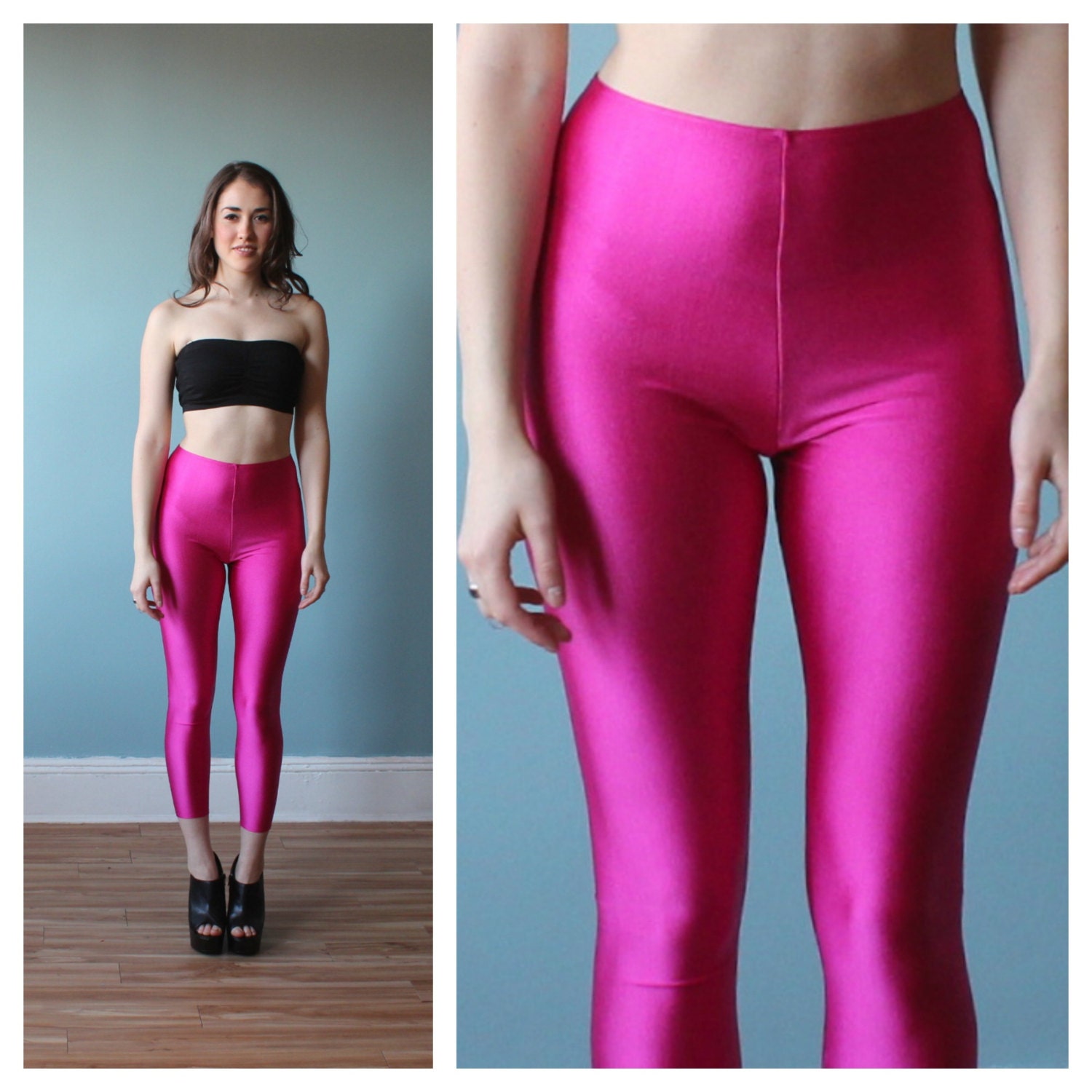 Hot Pink Leggings Shiny Stretch Spandex Pants 1980s Xs 8576