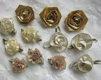 12 pc ANTIQUE GOLD Lame Ribbon Fabric Flower Applique Holiday Shabby Chic Baby Doll Carnation Cabbage Rose Bow