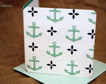 Blank Mini Card Set of 10, Cute Anchors with Contrasting Cabana Stripe on the Inside, Mist Envelopes, mad4plaid