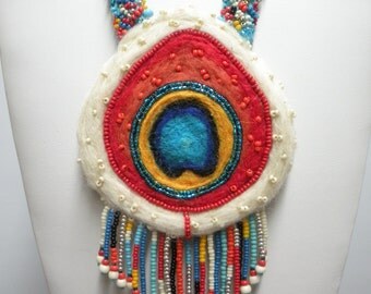 FREE SHIP  Needle felted wool Fringed Strawberry Shortcake Peacock Feather Necklace in red, yellow, turquoise blue, aqua BearlyArtDesigns