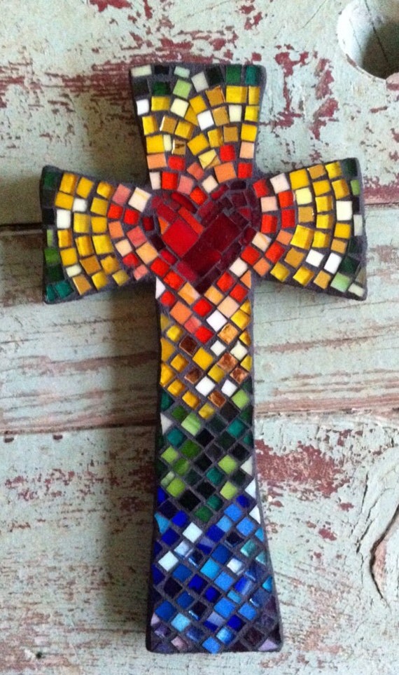 mosaic cross heart crosses center medium glass crafts multicolored stained church sold