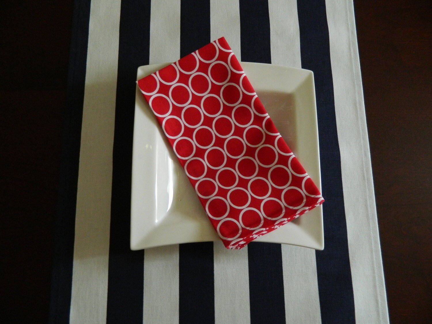 Navy Blue and White Stripe Table Runner. 14 x 84.