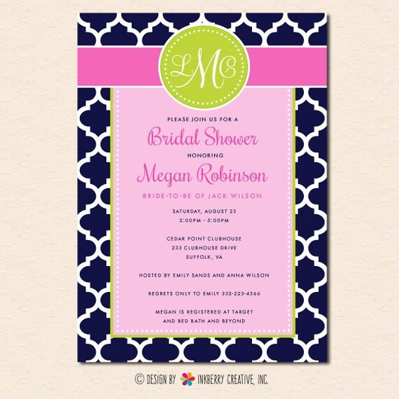 Modern Quatrefoil & Monogram Bridal Shower Invitation (Digital File OR Printed Cardstock Cards Also Available) Il_570xn