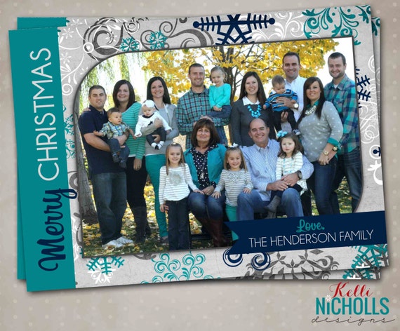 Custom Teal & Navy Blue Snowflake Photo Christmas Card, Printable Holiday Greeting Card, Family Picture #C107