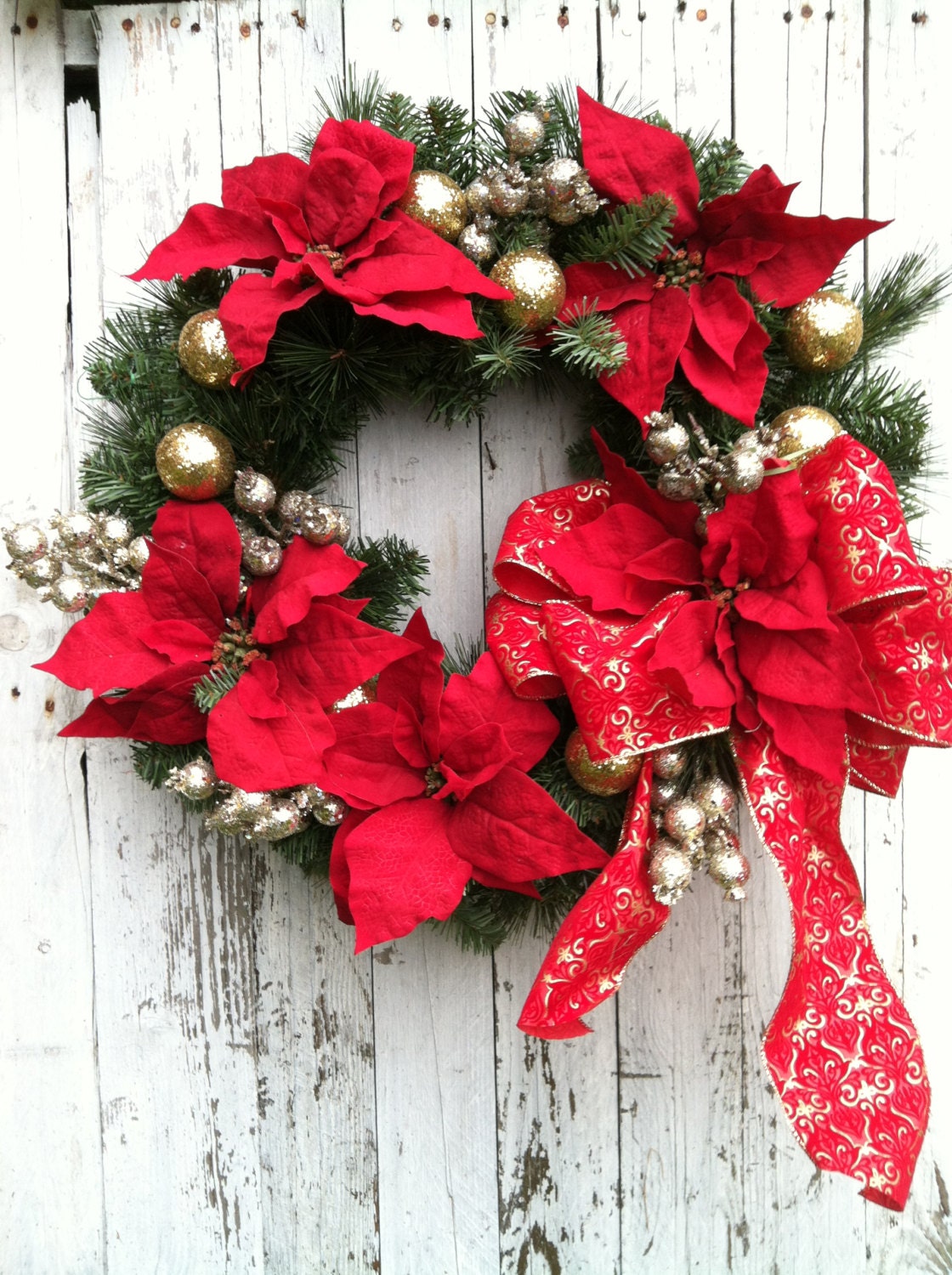 Christmas Wreath for Door, Red and Gold Poinsettia Wreath for Christmas, Holiday Door Wreath