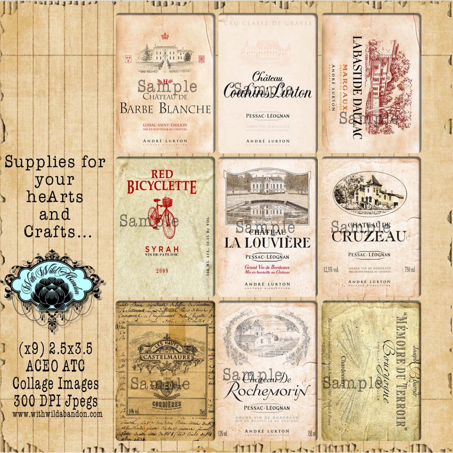 vintage french wine labels clipart in aceo or atc size