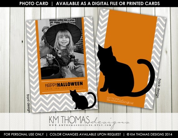 Black Cat Halloween Photo Card: Fall Holiday Card - Grey Chevron - Orange and Black - Digital - Printable #F101 Il_570xn