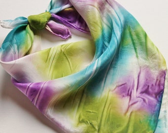 SALE Hand Painted Silk Square Scarf - Hand Dyed Bandana Olive Green Turquoise Teal Blue Purple Violet White