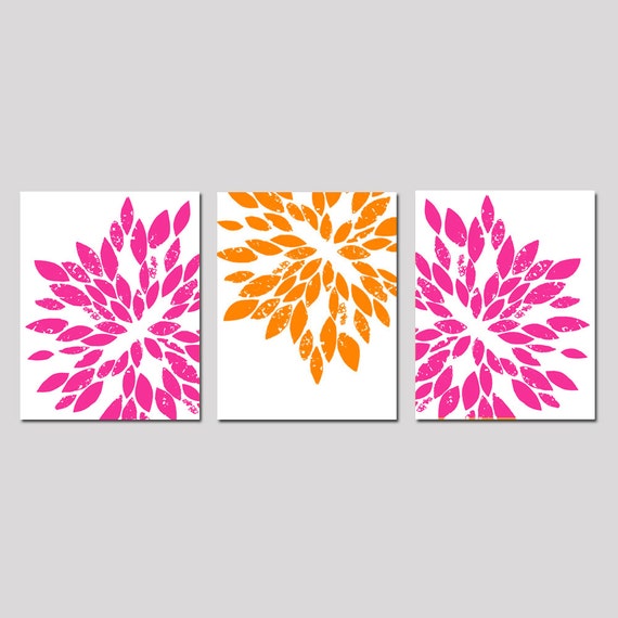 Hot Pink Orange Flower Floral Art Trio Modern Abstract by Tessyla