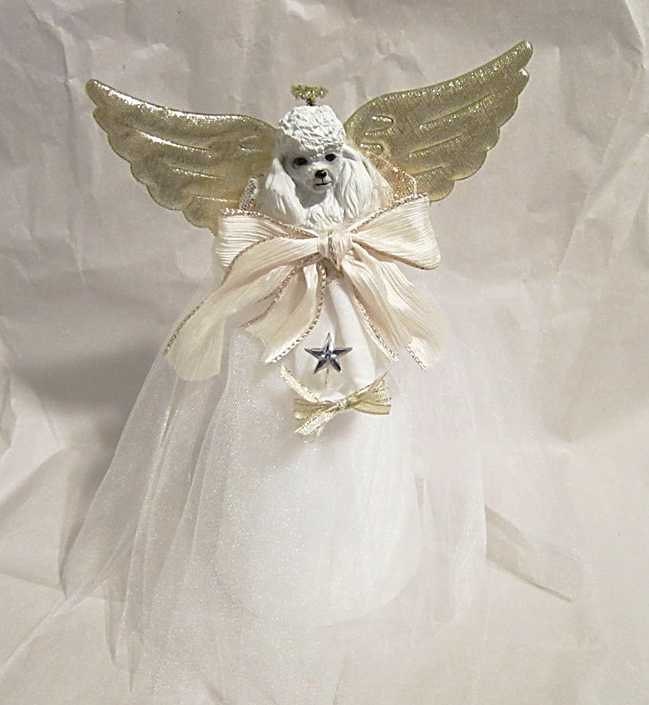 Handmade POODLE WHITE Christmas Tree Topper Angel Decoration 11"