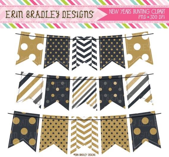 New Years Black & Gold Bunting Clipart Holiday Clip Art Graphics Banner Flags Il_570xn